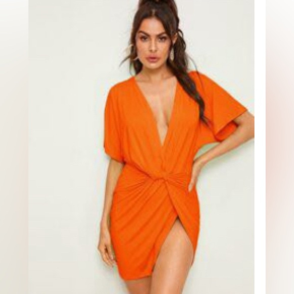 Orange wrap twist knot dress